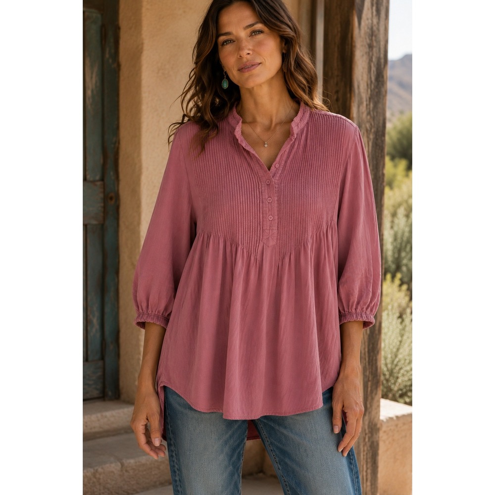 Sundance Kimberly Rayon Pintuck Bib Henley Blouse 3/4 Sleeve Boho Peasant Large